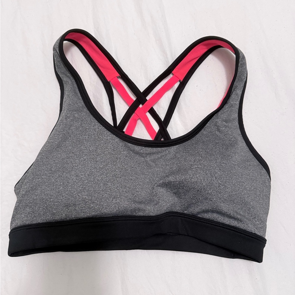 Marika Gray Sports Bra with Pink Cross-Back Straps